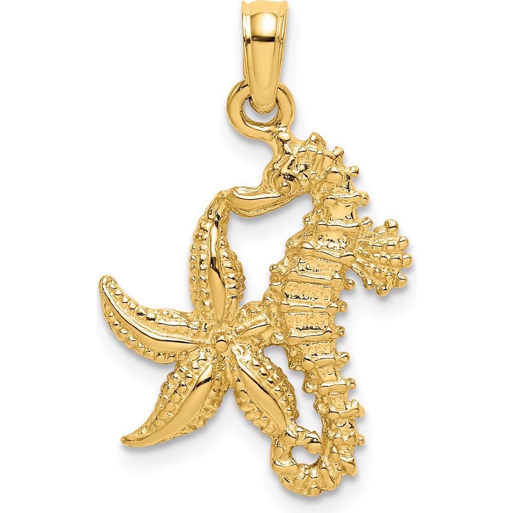 14K Yellow Gold Starfish and Seahorse Charm with Textured Finish - 25mm Length by Oro Pregiato