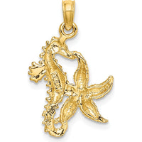 14K Yellow Gold Starfish and Seahorse Charm with Textured Finish - 25mm Length by Oro Pregiato