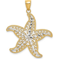 14K Yellow Gold Starfish Filigree Pendant with White Rhodium Accents - Textured Coastal Charm by Oro Pregiato