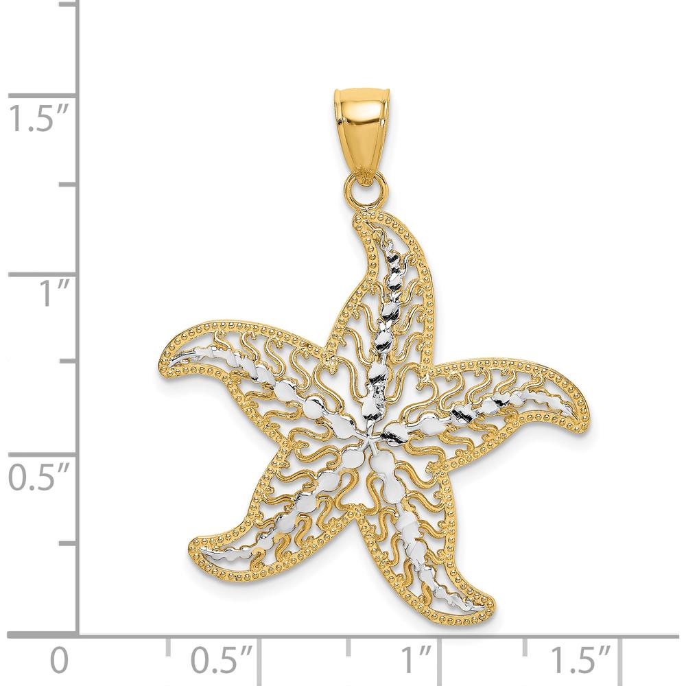 14K Yellow Gold Starfish Filigree Pendant with White Rhodium Accents - Textured Coastal Charm by Oro Pregiato