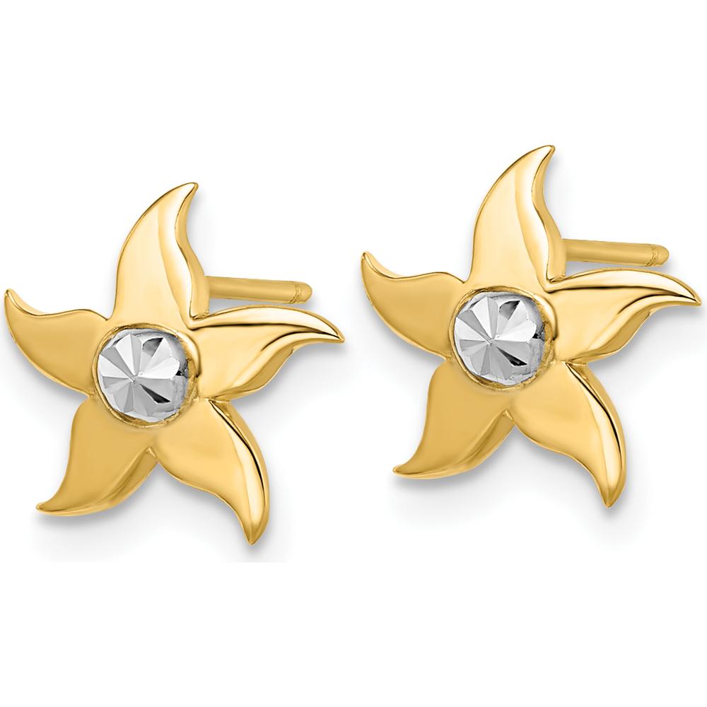 14K Yellow Gold Starfish Post Earrings with Center Diamond Accent - Rhodium Plated Finish by Oro Pregiato