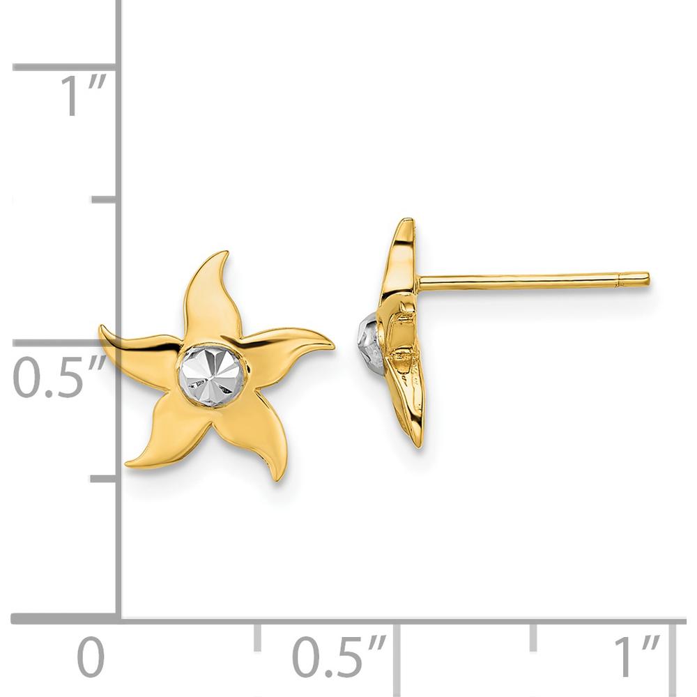 14K Yellow Gold Starfish Post Earrings with Center Diamond Accent - Rhodium Plated Finish by Oro Pregiato