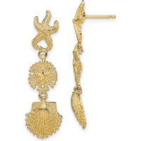 14K Yellow Gold Starfish, Sand Dollar, and Scallop Shell Dangle Earrings - Coastal Jewelry Inspiration by 0