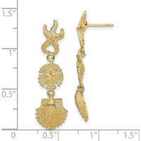 14K Yellow Gold Starfish, Sand Dollar, and Scallop Shell Dangle Earrings - Coastal Jewelry Inspiration by 0