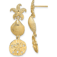 14K Yellow Gold Starfish, Shell, and Sand Dollar Dangle Earrings - Beach-Inspired Oceanic Charm by 0