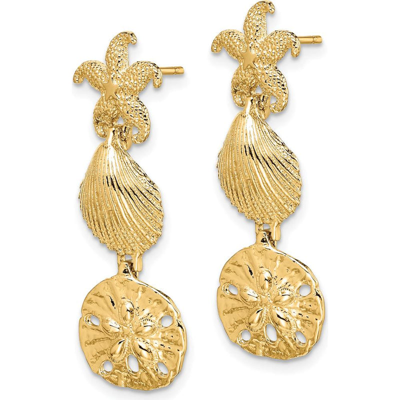 14K Yellow Gold Starfish, Shell, and Sand Dollar Dangle Earrings - Beach-Inspired Oceanic Charm by 0