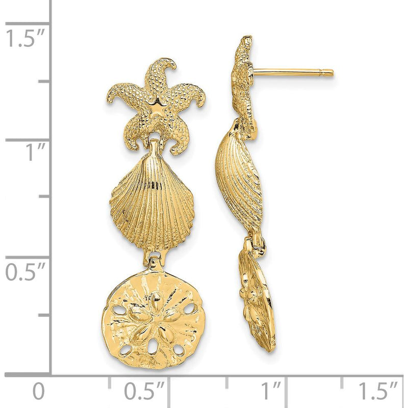 14K Yellow Gold Starfish, Shell, and Sand Dollar Dangle Earrings - Beach-Inspired Oceanic Charm by 0