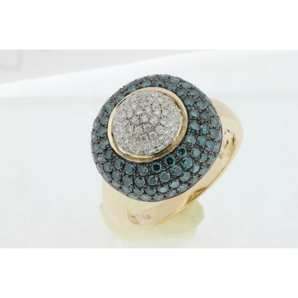 14K Yellow Gold Statement Ring with Round Blue Diamond Halo and White Diamond Cluster Center - 1.93 Carat Total Diamond Weight - Royal Jewelry