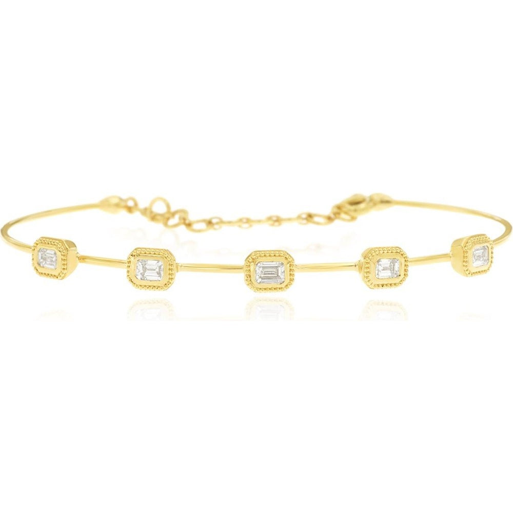 14K Yellow Gold Station Bangle with Milgrain Bezel Set Emerald Cut Diamonds - 0.54 Carat Total Diamond Weight - Royal Jewelry