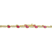 14K Yellow Gold Station Bracelet with Bezel-Set Oval Rubies and Diamond Links - 3.50 Carat Total Ruby Weight and 0.50 Carat Total Diamond Weight