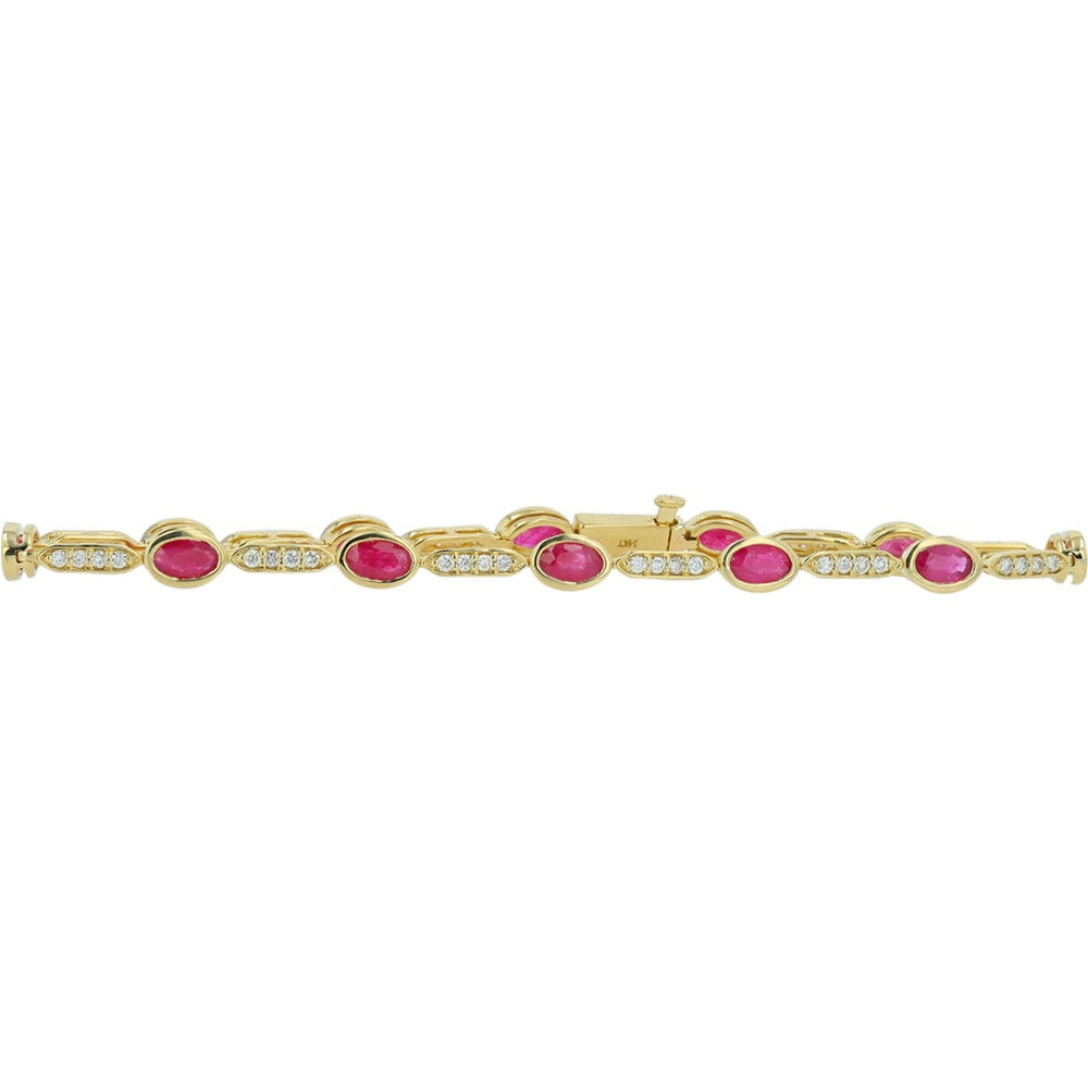 14K Yellow Gold Station Bracelet with Bezel-Set Oval Rubies and Diamond Links - 3.50 Carat Total Ruby Weight and 0.50 Carat Total Diamond Weight