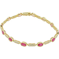 14K Yellow Gold Station Bracelet with Bezel-Set Oval Rubies and Diamond Links - 3.50 Carat Total Ruby Weight and 0.50 Carat Total Diamond Weight