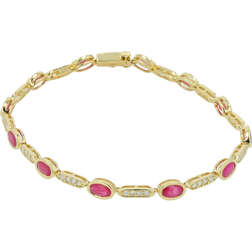 14K Yellow Gold Station Bracelet with Bezel-Set Oval Rubies and Diamond Links - 3.50 Carat Total Ruby Weight and 0.50 Carat Total Diamond Weight