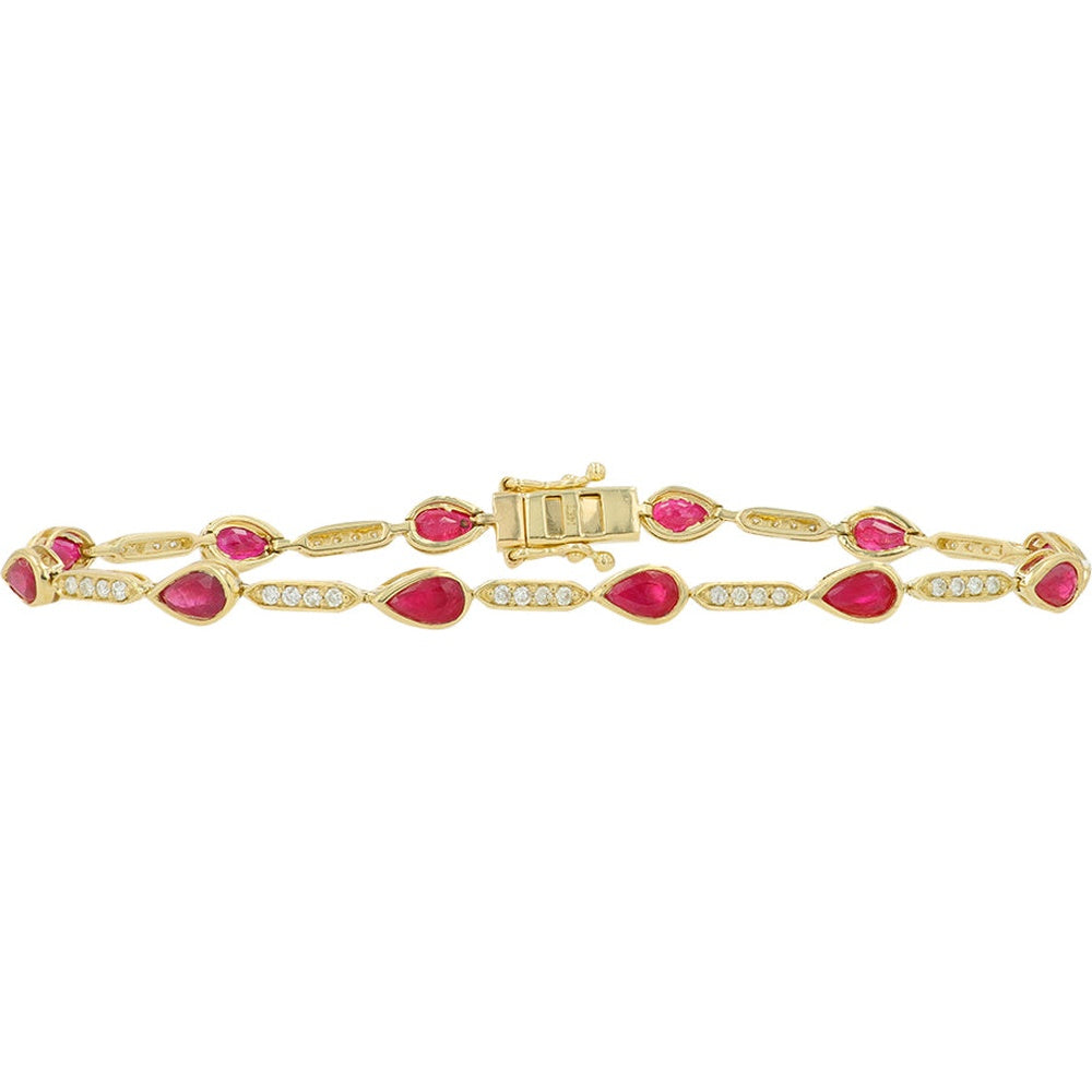 14K Yellow Gold Station Bracelet with Bezel-Set Pear-Cut Rubies and Pavé Diamond Links - 3.15 Carat Total Ruby Weight and 0.40 Carat Total Diamond Weight