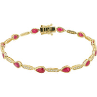 14K Yellow Gold Station Bracelet with Bezel-Set Pear-Cut Rubies and Pavé Diamond Links - 3.15 Carat Total Ruby Weight and 0.40 Carat Total Diamond Weight
