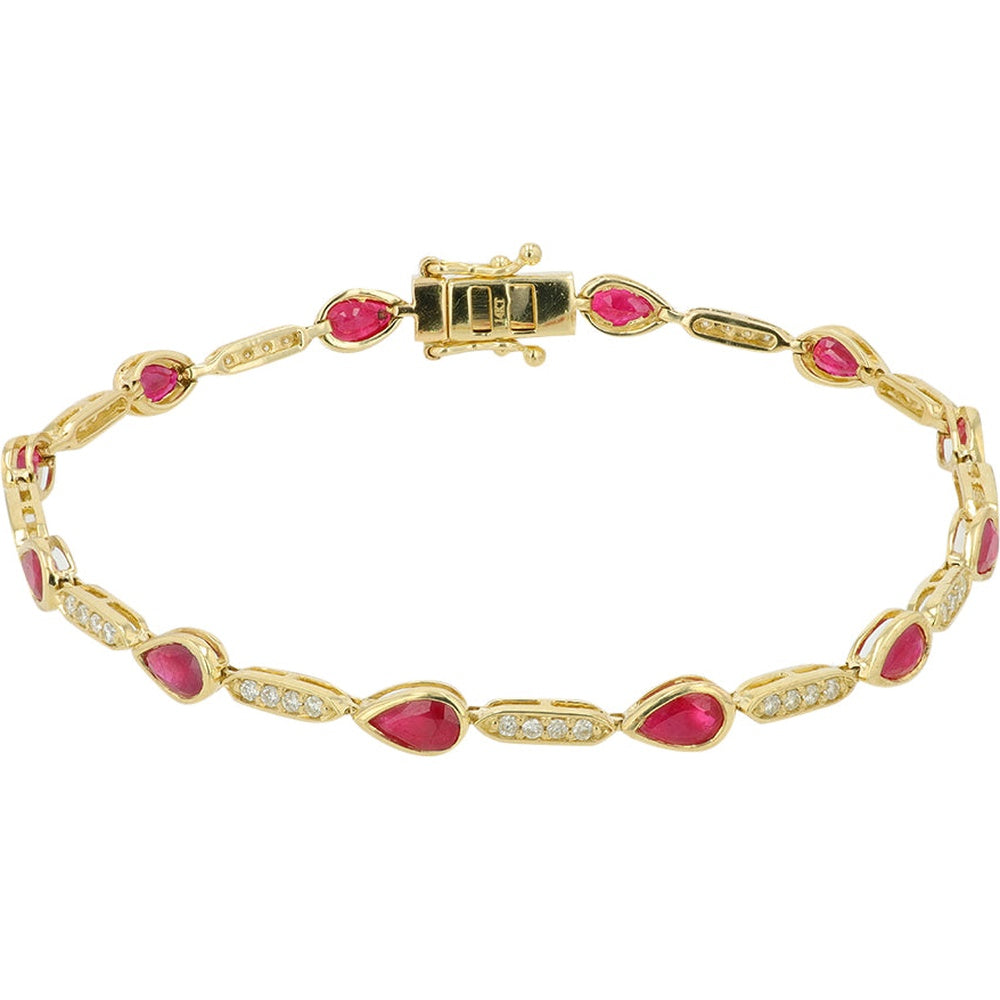 14K Yellow Gold Station Bracelet with Bezel-Set Pear-Cut Rubies and Pavé Diamond Links - 3.15 Carat Total Ruby Weight and 0.40 Carat Total Diamond Weight