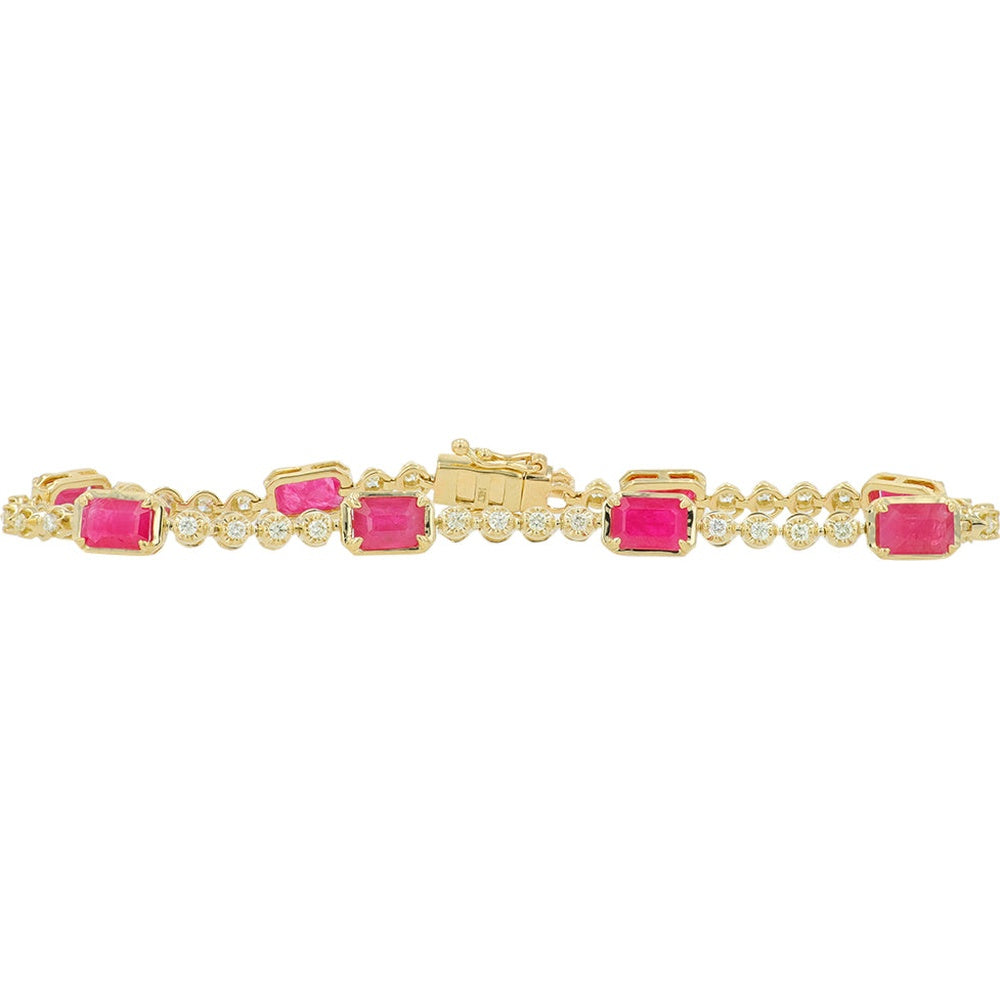 14K Yellow Gold Station Bracelet with Emerald-Cut Rubies and Milgrain-Set Round Diamonds - 2.75-3.50 Carat Total Ruby Weight and 0.50 Carat Total Diamond Weight