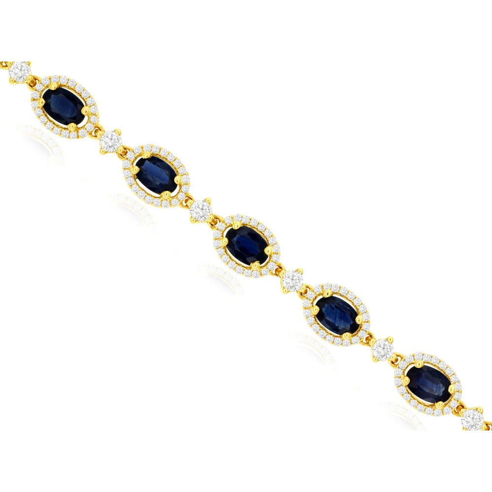 14K Yellow Gold Station Bracelet with Halo-Set Oval Sapphires and Round Diamonds - 8.45 Carat Total Sapphire Weight and 2.00 Carat Total Diamond Weight - Royal Jewelry