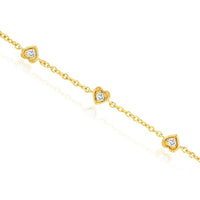 14K Yellow Gold Station Bracelet with Milgrain Heart Settings and Round Diamonds - 0.15 Carat Total Diamond Weight - Royal Jewelry