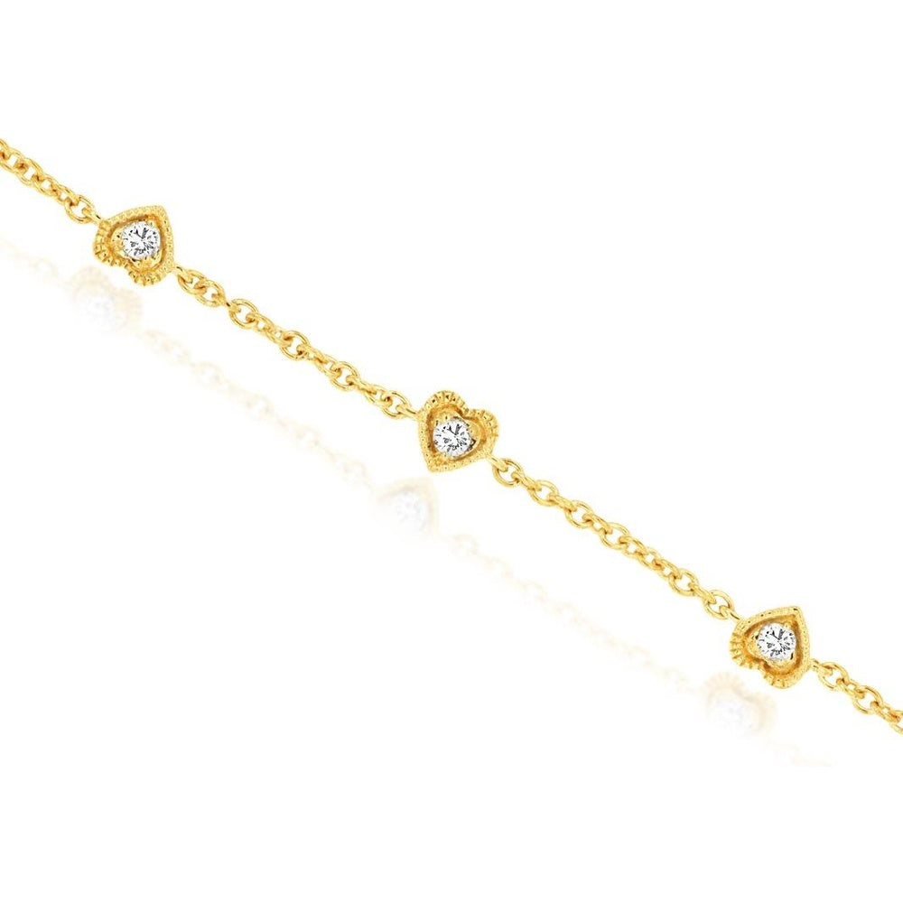 14K Yellow Gold Station Bracelet with Milgrain Heart Settings and Round Diamonds - 0.15 Carat Total Diamond Weight - Royal Jewelry