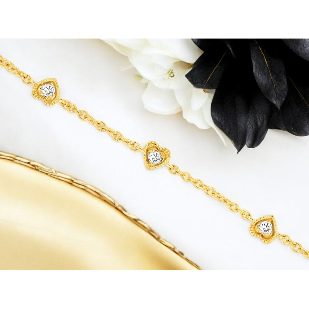 14K Yellow Gold Station Bracelet with Milgrain Heart Settings and Round Diamonds - 0.15 Carat Total Diamond Weight - Royal Jewelry