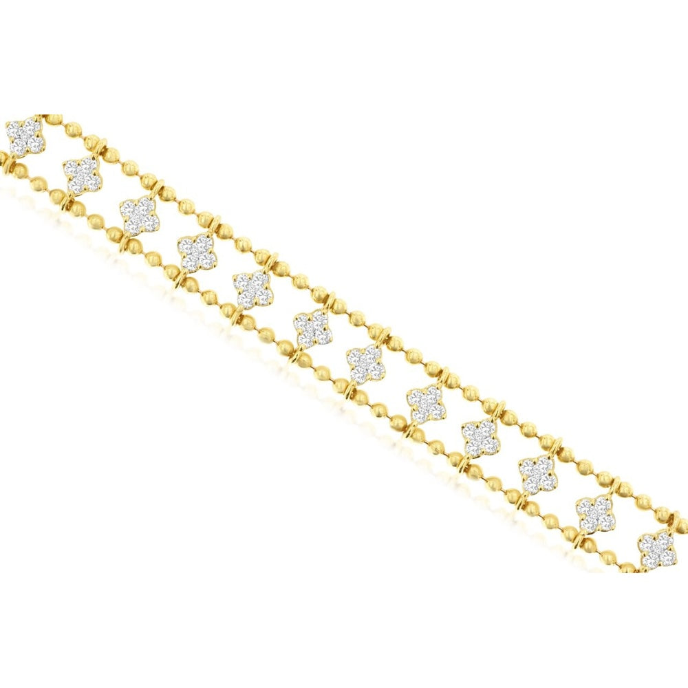 14K Yellow Gold Station Bracelet with Pavé-Set Round Diamond Four-Leaf Motifs and Beaded Links - 1.12 Carat Total Diamond Weight - Royal Jewelry