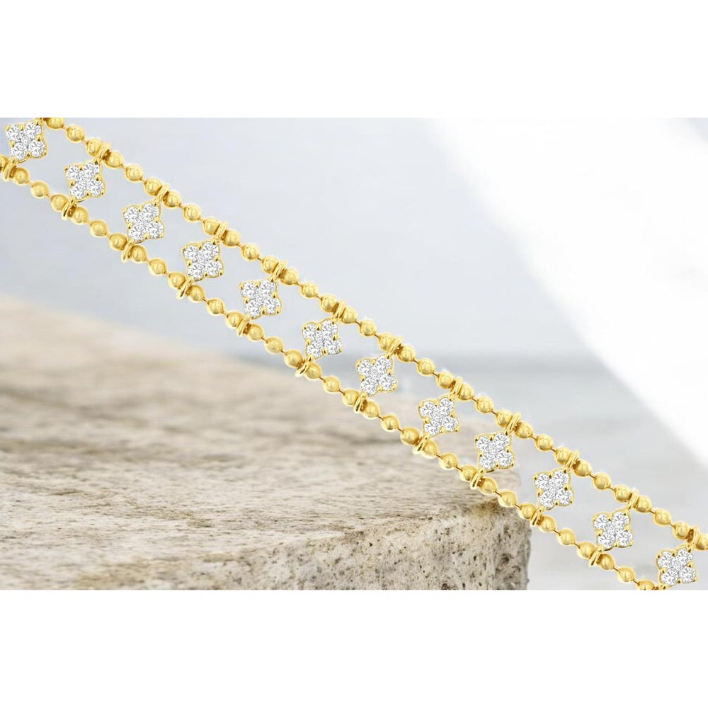 14K Yellow Gold Station Bracelet with Pavé-Set Round Diamond Four-Leaf Motifs and Beaded Links - 1.12 Carat Total Diamond Weight - Royal Jewelry