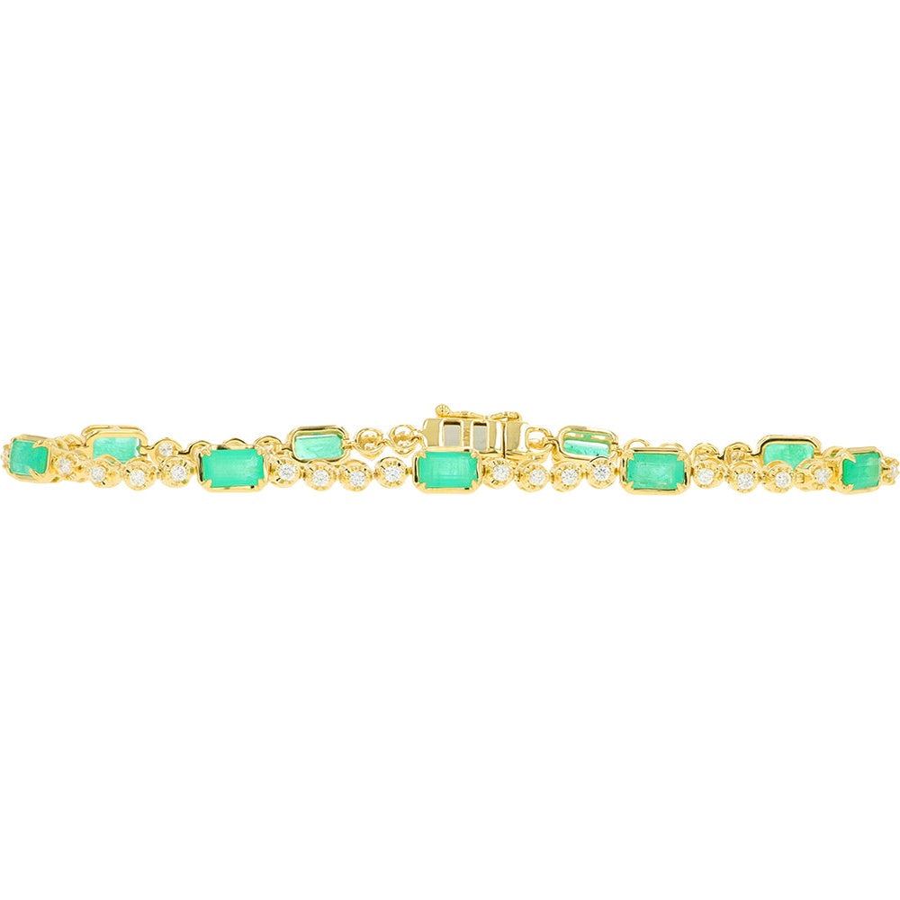 14K Yellow Gold Station Bracelet with Rectangular Emeralds and Round Diamonds - 0.50 Carat Total Diamond Weight and 2.75-3.50 Carat Total Emerald Weight