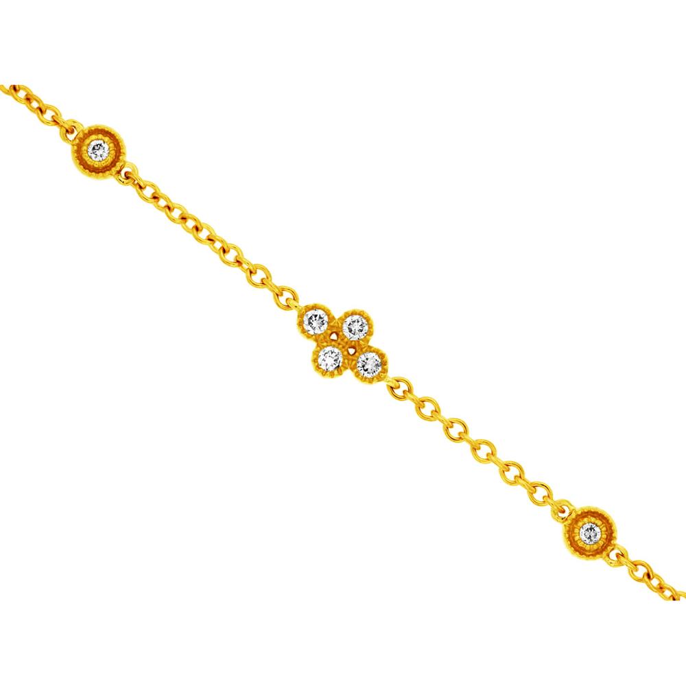 14K Yellow Gold Station Bracelet with Round Diamonds and Floral Center Motif - 0.14 Carat Total Diamond Weight - Royal Jewelry