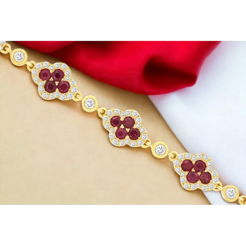 14K Yellow Gold Station Bracelet with Ruby Clusters and Diamond Halos - 2.75 Carat Total Ruby Weight and 1.35 Carat Total Diamond Weight - Royal Jewelry
