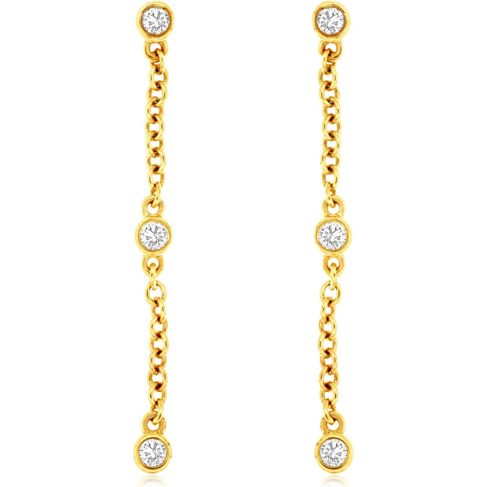 14K Yellow Gold Station Drop Earrings with Bezel-Set Round Diamonds on Cable Links - 0.10 Carat Total Diamond Weight - Royal Jewelry