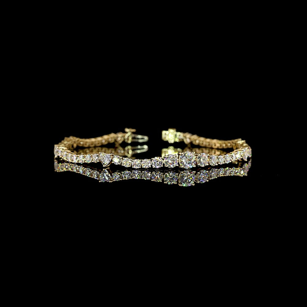 14K Yellow Gold Station Line Tennis Bracelet with Round Brilliant and Heart Shaped Lab Diamonds - 5.78 Carat Total Diamond Weight - Covaloro Fine Jewelry