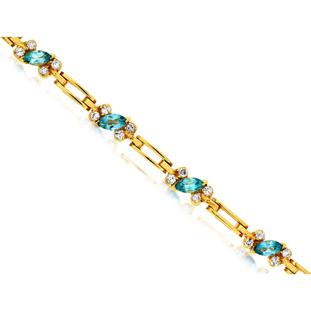 14K Yellow Gold Station Link Bracelet with Marquise Aquamarine and Round Diamonds - 0.47 Carat Total Gem Weight - Royal Jewelry