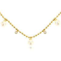 14K Yellow Gold Station Necklace with Alternating Pearl Drops and Bezel-Set Round Diamonds - 0.16 Carat Total Diamond Weight - Royal Jewelry