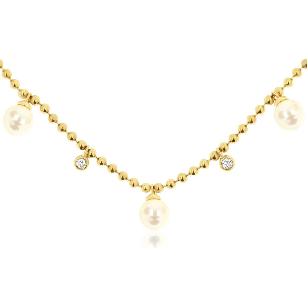 14K Yellow Gold Station Necklace with Alternating Pearl Drops and Bezel-Set Round Diamonds - 0.16 Carat Total Diamond Weight - Royal Jewelry