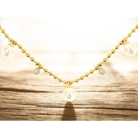 14K Yellow Gold Station Necklace with Alternating Pearl Drops and Bezel-Set Round Diamonds - 0.16 Carat Total Diamond Weight - Royal Jewelry