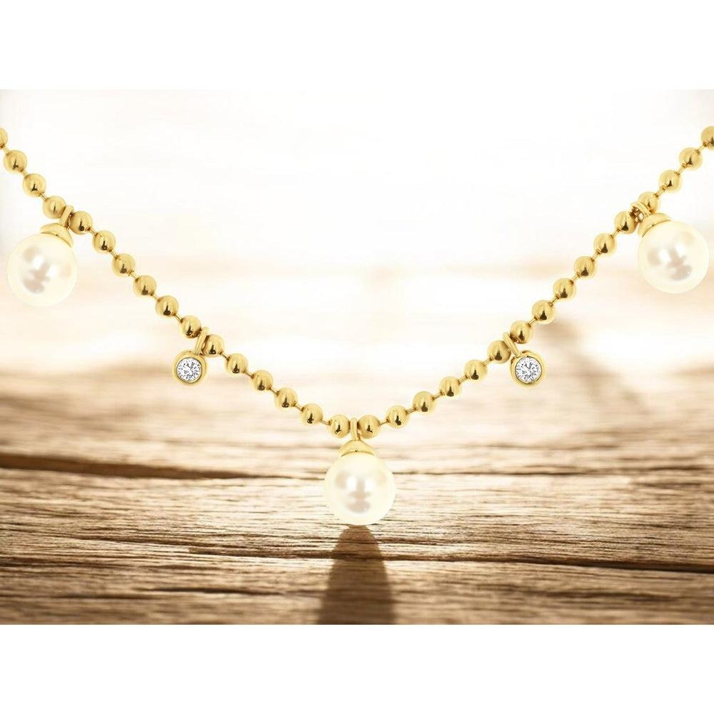 14K Yellow Gold Station Necklace with Alternating Pearl Drops and Bezel-Set Round Diamonds - 0.16 Carat Total Diamond Weight - Royal Jewelry