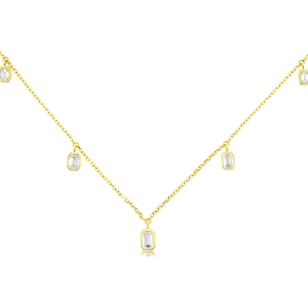 14K Yellow Gold Station Necklace with Bezel-Set Emerald Cut Diamonds - 0.85 Carat Total Diamond Weight - Royal Jewelry