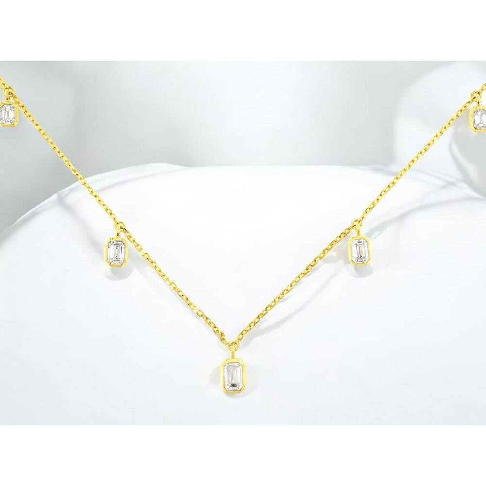 14K Yellow Gold Station Necklace with Bezel-Set Emerald Cut Diamonds - 0.85 Carat Total Diamond Weight - Royal Jewelry