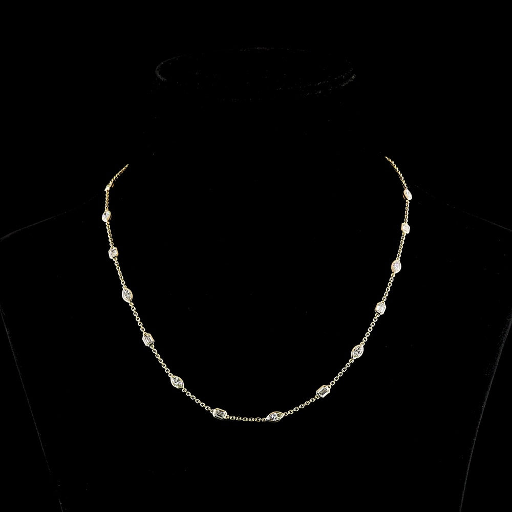 14K Yellow Gold Station Necklace with Bezel Set Marquise and Emerald Cut Lab Diamonds - 2.77 Carats Total Diamond Weight - Covaloro Fine Jewelry