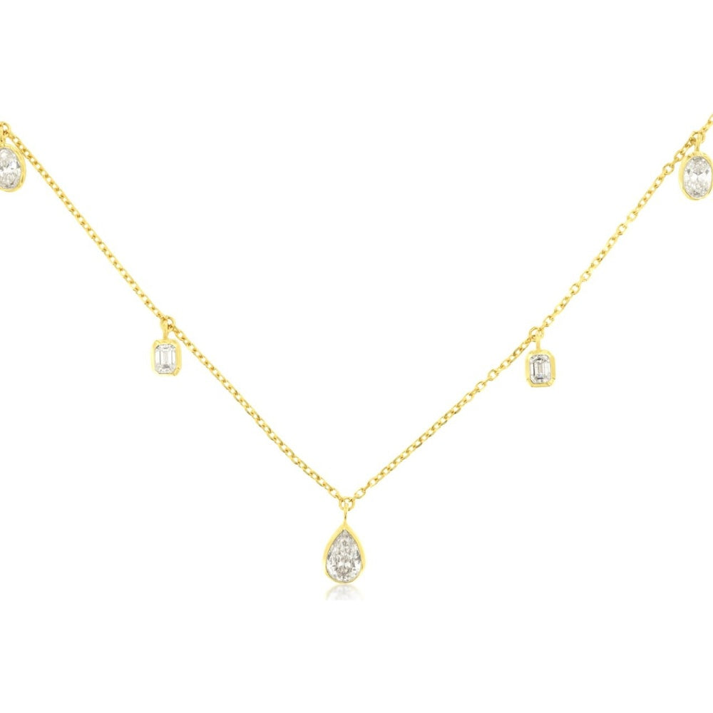 14K Yellow Gold Station Necklace with Bezel-Set Pear, Emerald, and Oval Diamonds - 2.10 Carat Total Diamond Weight - Royal Jewelry