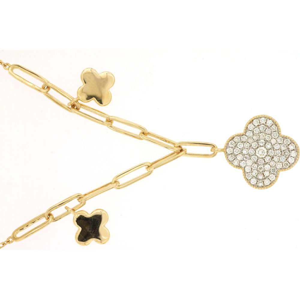 14K Yellow Gold Station Necklace with Cable Links and Pavé-Set Round Diamond Clover Pendant - 0.41 Carat Total Diamond Weight - Royal Jewelry