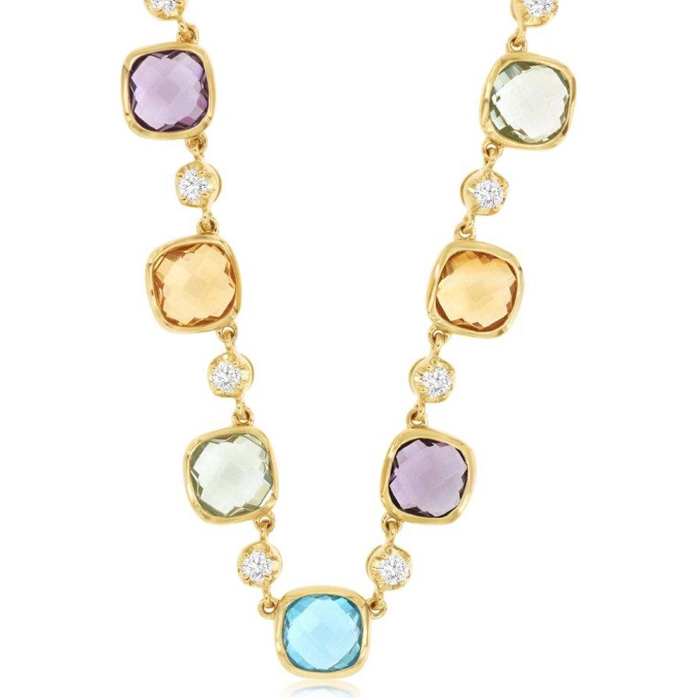 14K Yellow Gold Station Necklace with Cushion Semi-Precious Gemstones and Round Diamonds - 4.90 Carat Total Gemstone Weight and 0.31 Carat Total Diamond Weight - Royal Jewelry