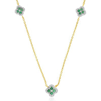 14K Yellow Gold Station Necklace with Floral Emerald and Diamond Motifs - 0.20 Carat Total Emerald Weight and 0.19 Carat Total Diamond Weight - Royal Jewelry
