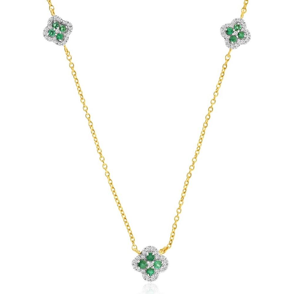 14K Yellow Gold Station Necklace with Floral Emerald and Diamond Motifs - 0.20 Carat Total Emerald Weight and 0.19 Carat Total Diamond Weight - Royal Jewelry