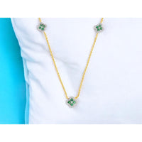 14K Yellow Gold Station Necklace with Floral Emerald and Diamond Motifs - 0.20 Carat Total Emerald Weight and 0.19 Carat Total Diamond Weight - Royal Jewelry