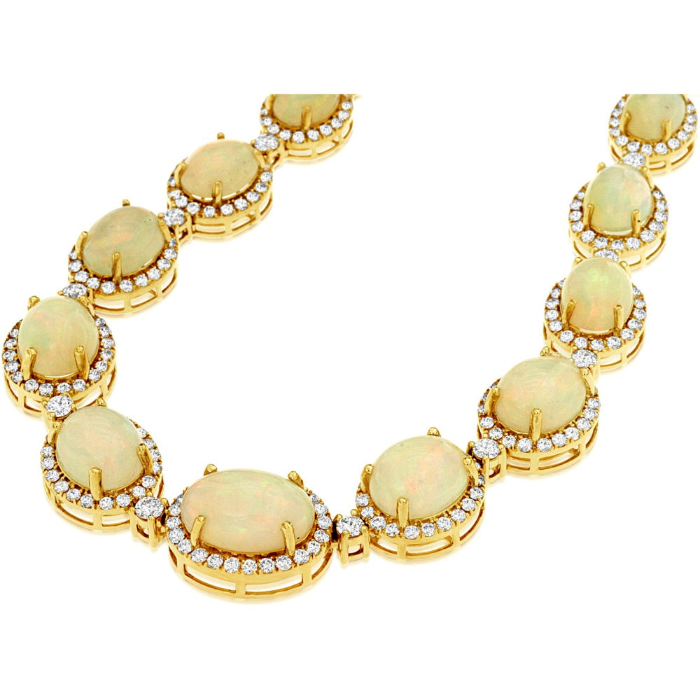 14K Yellow Gold Station Necklace with Halo-Set Cabochon Opals and Round Diamonds - 31.00 Carat Total Opal Weight and 10.00 Carat Total Diamond Weight - Royal Jewelry