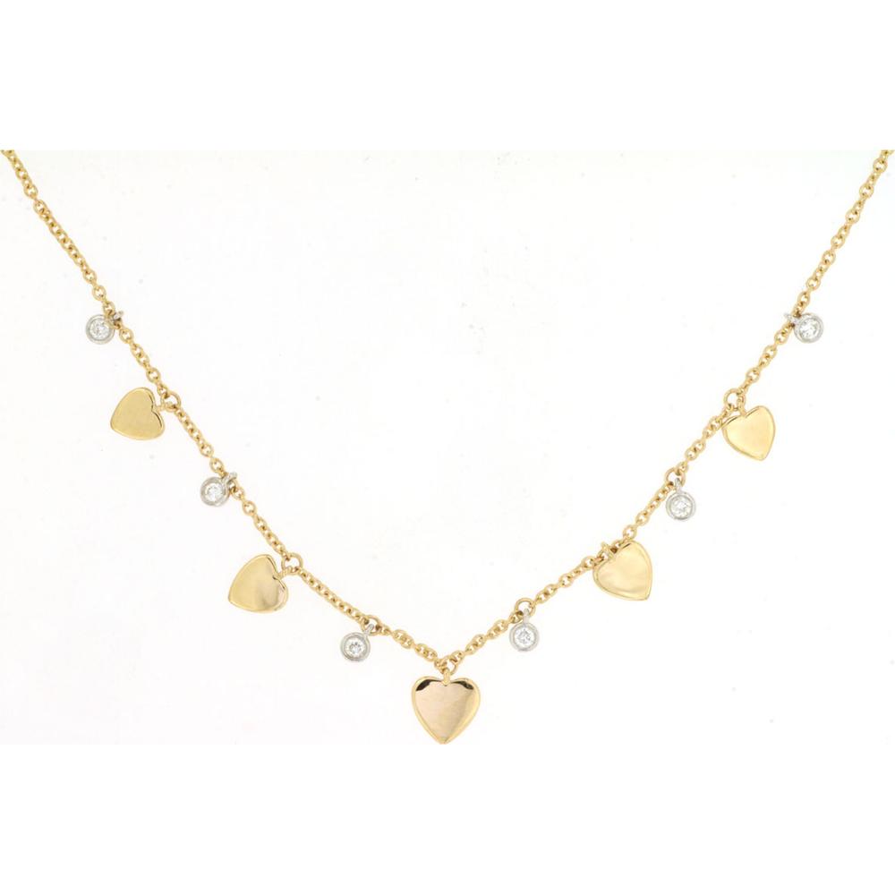 14K Yellow Gold Station Necklace with Heart Charms and Bezel Set Round Diamonds - 0.11 Carat Total Diamond Weight - Royal Jewelry