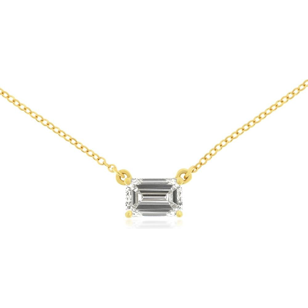 14K Yellow Gold Station Necklace with Horizontal 1.09 Carat Emerald Cut Lab Grown Diamond – Four-Prong Setting - Royal Jewelry