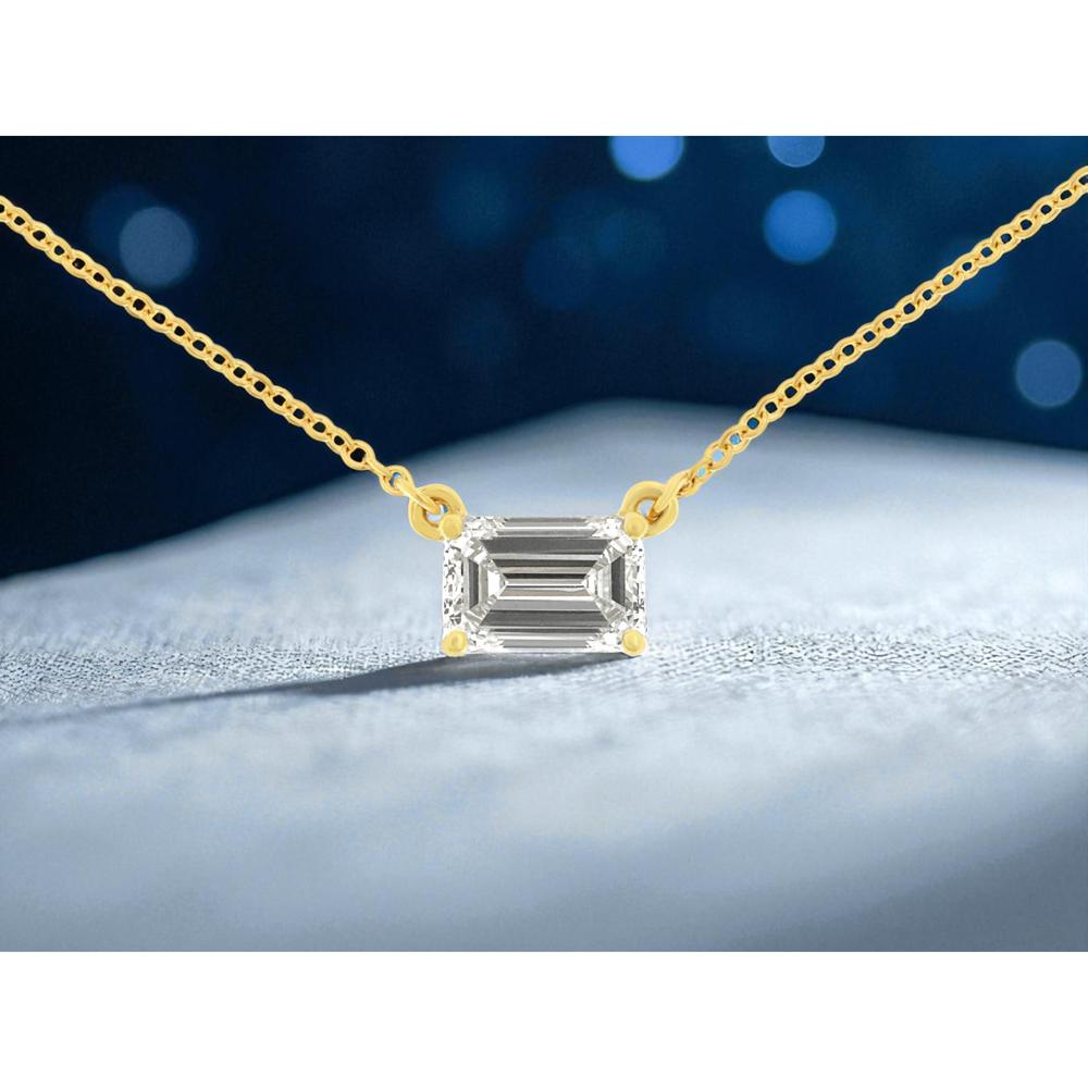 14K Yellow Gold Station Necklace with Horizontal 1.09 Carat Emerald Cut Lab Grown Diamond – Four-Prong Setting - Royal Jewelry